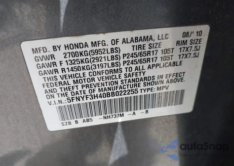 2011 Honda Pilot Ex from USA, damaged, VIN 5FNYF3H40BB022255